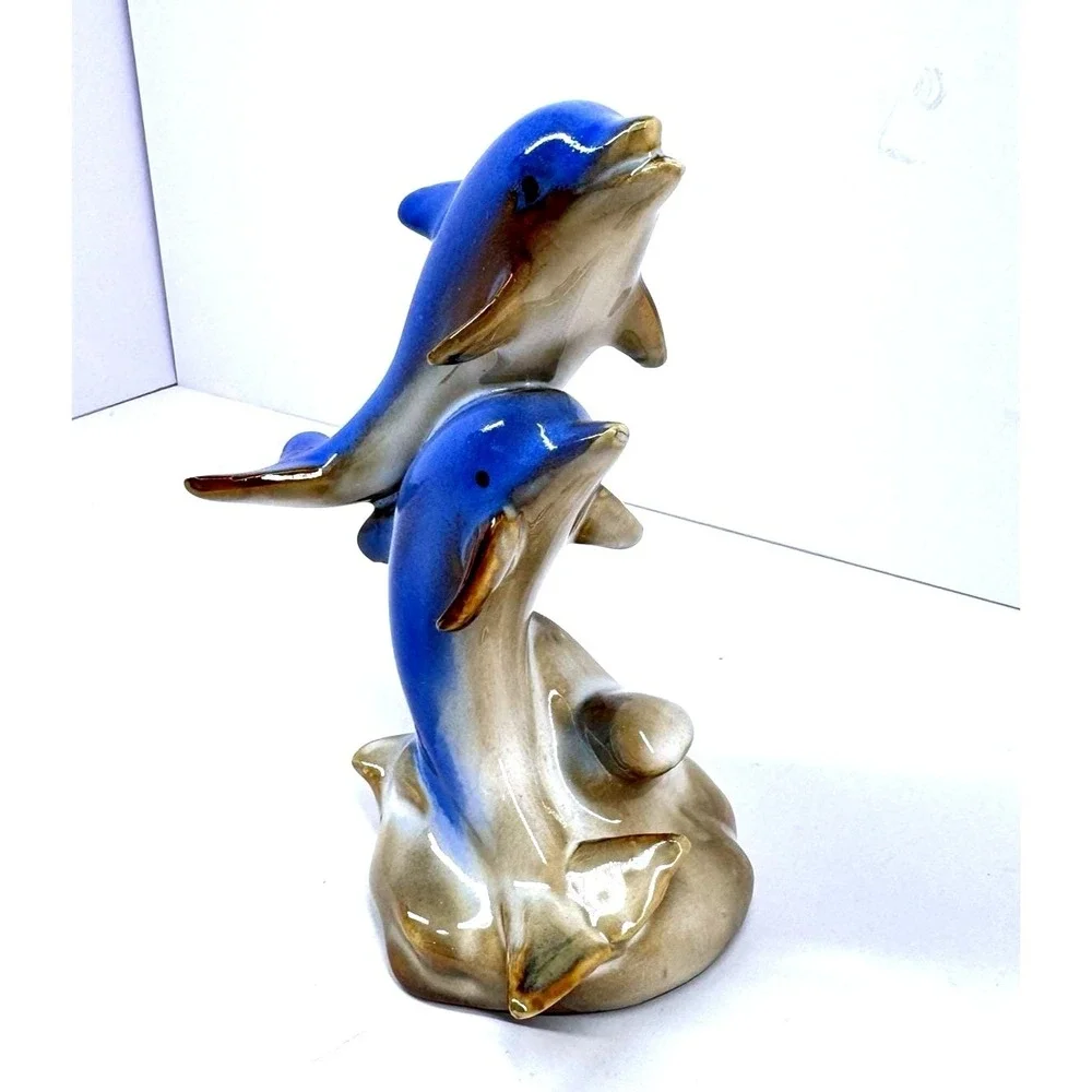 Vintage Double Dolphin Ceramic Figurine Blue Glazed Ocean Coastal Nautical Decor